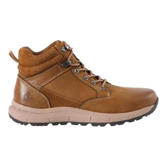 Botin de cuero cafe claro para hombre con cordon y suela de goma vista lateral