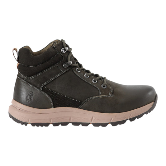 Botin de cuero cafe oscuro para hombre con cordon y suela de goma vista lateral
